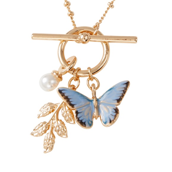 Enamel Blue Butterfly & Leaf Charm Necklace by Fable England - Picture 3 of 5
